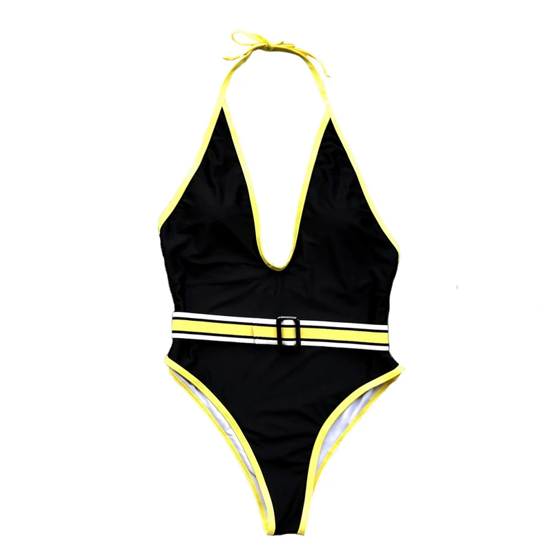 MEGE Sexy Black Bikini Backless Tied Bow Monokini Maillot De Bain Femme Thong Swimwear V neck Bathing Suit Yellow Belt Bikinis | Спорт и