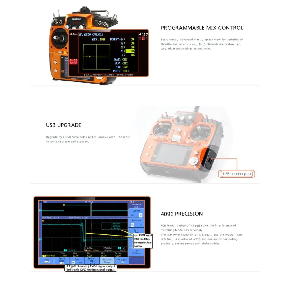 Радиоуправляемый передатчик AT10II 2 4G 12CH с R12DS приемником RPM-01 модуль возврата
