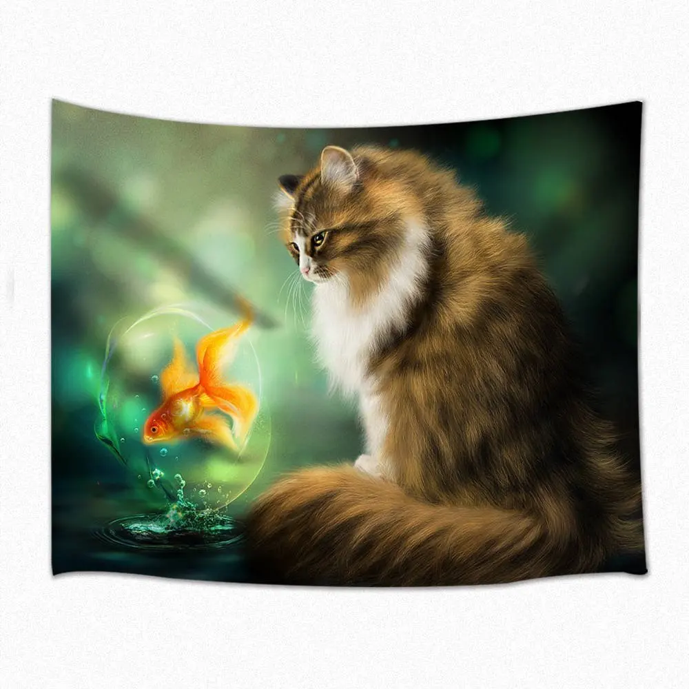 Декор в виде животных гобелен с изображением кота перед аквариумом бликом на