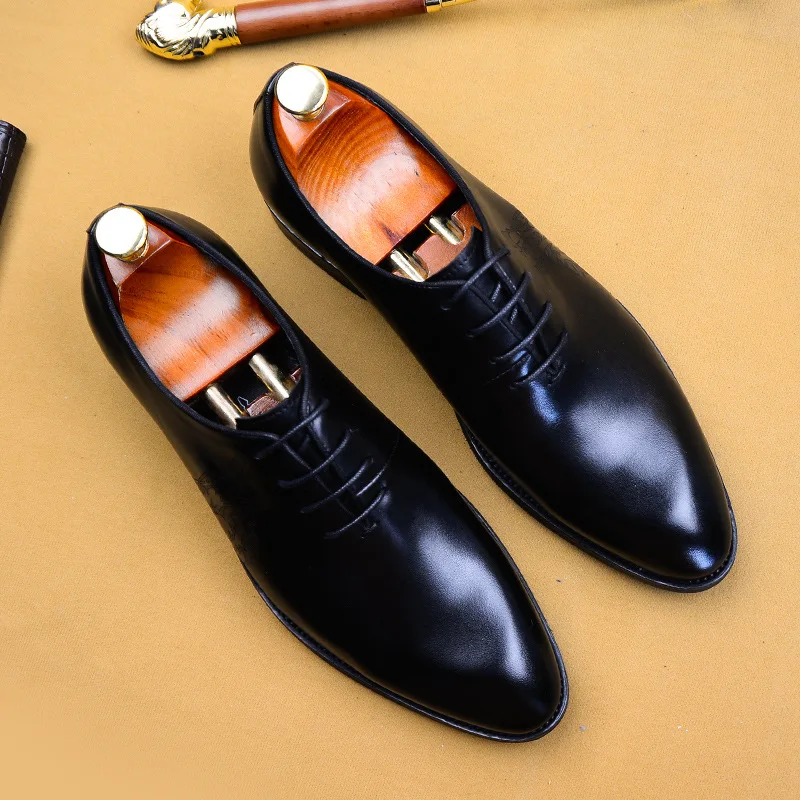 

New Hot Sell 2019 British Style Printing Lace Up Pointed Toe Low Top Flats Black Brown Dress Leather Shoes