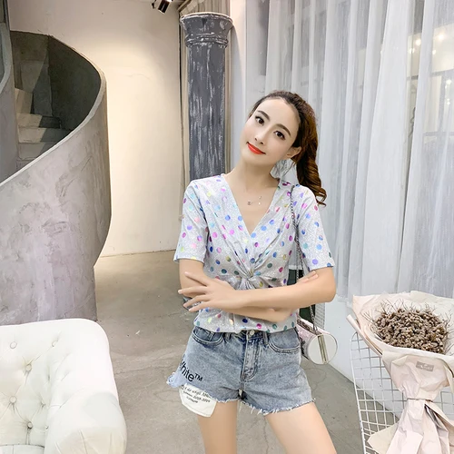 Super temperament polka dot short sleeve sparkling grey silver v-neck shirt super tight blouse |