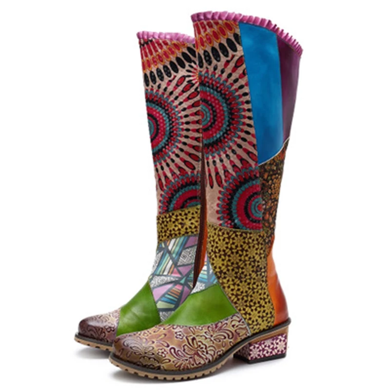 

BuonoScarpe Women Ethnic Long Boots Genuine Leather Mid-Calf Boots Printed Flowers Patchwork Botas Female Zipper Heel Chic Shoes
