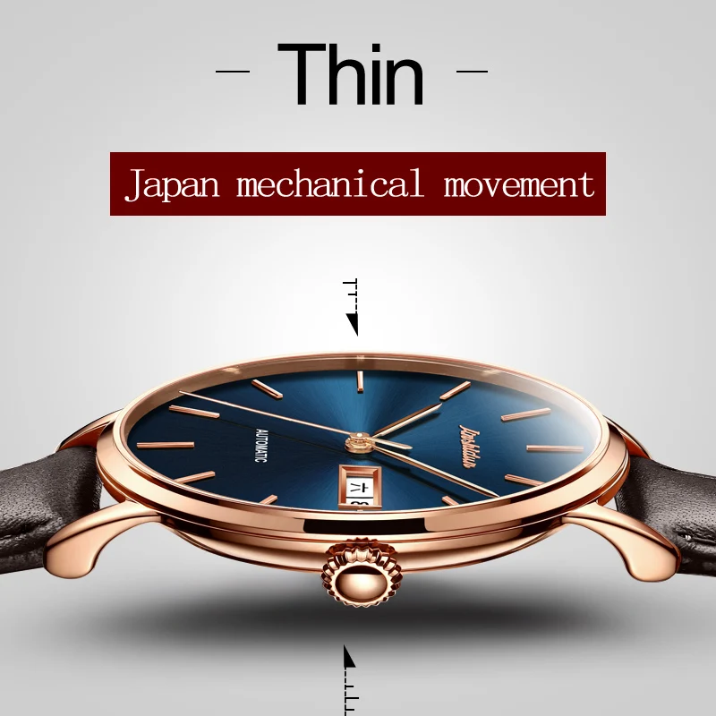 Ультратонкие механические мужские часы из кожи деловые автоматические