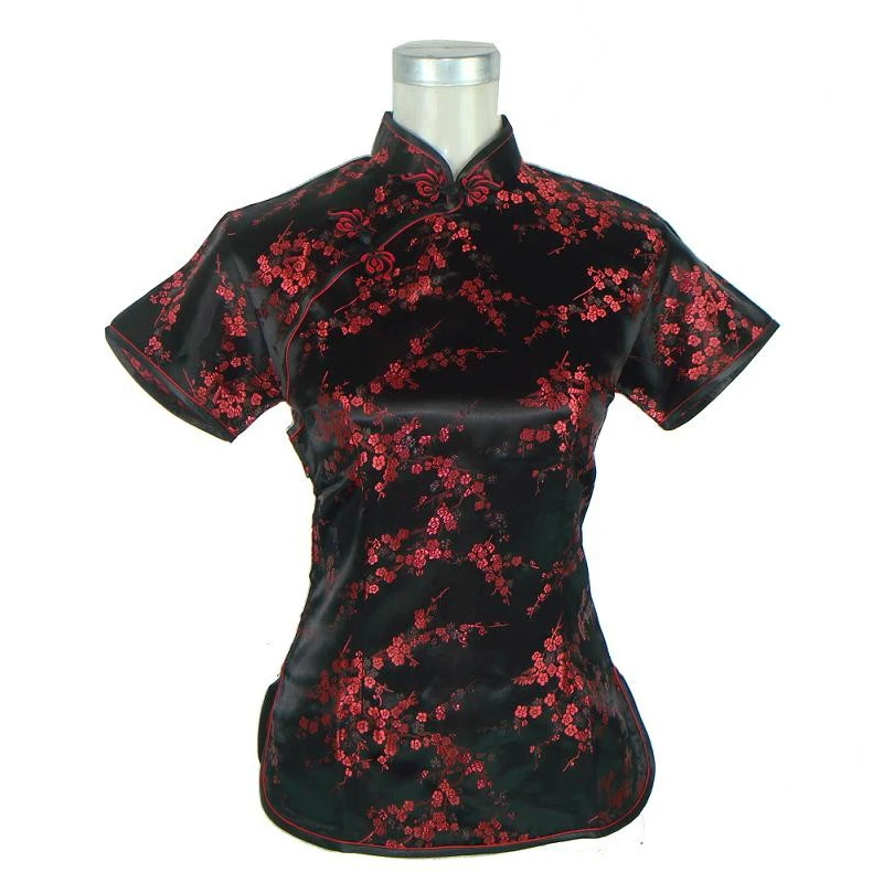 

Лидер продаж, черная красная китайская женская шелковая атласная рубашка, летняя блуза с коротким рукавом, рубашка с воротником-стойкой, ра...