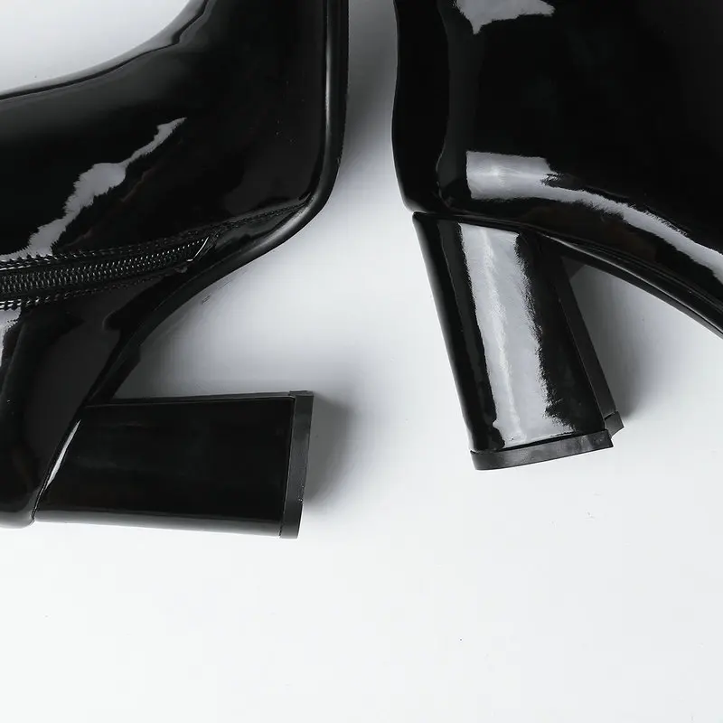 Silver Gold Black Pointed Toe Ankle Boots for Women Patent Leather Thick Heel Boots Ladies Party Winter Boots Women Short Boots