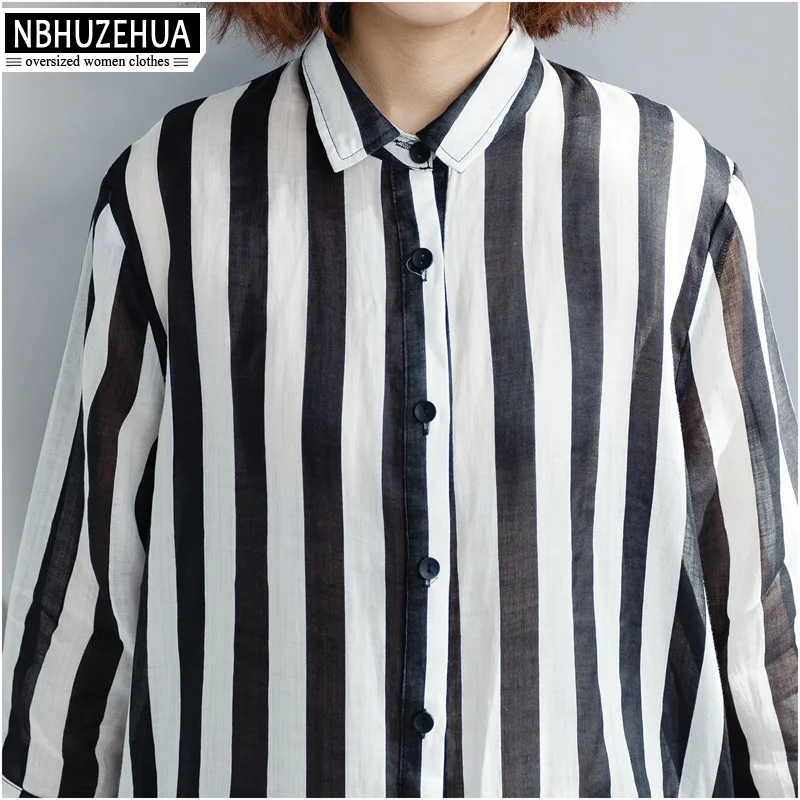 NBHUZEHUA A102 4XL 5XL Женские топы и блузки полосатая рубашка винтажные тонкие летние