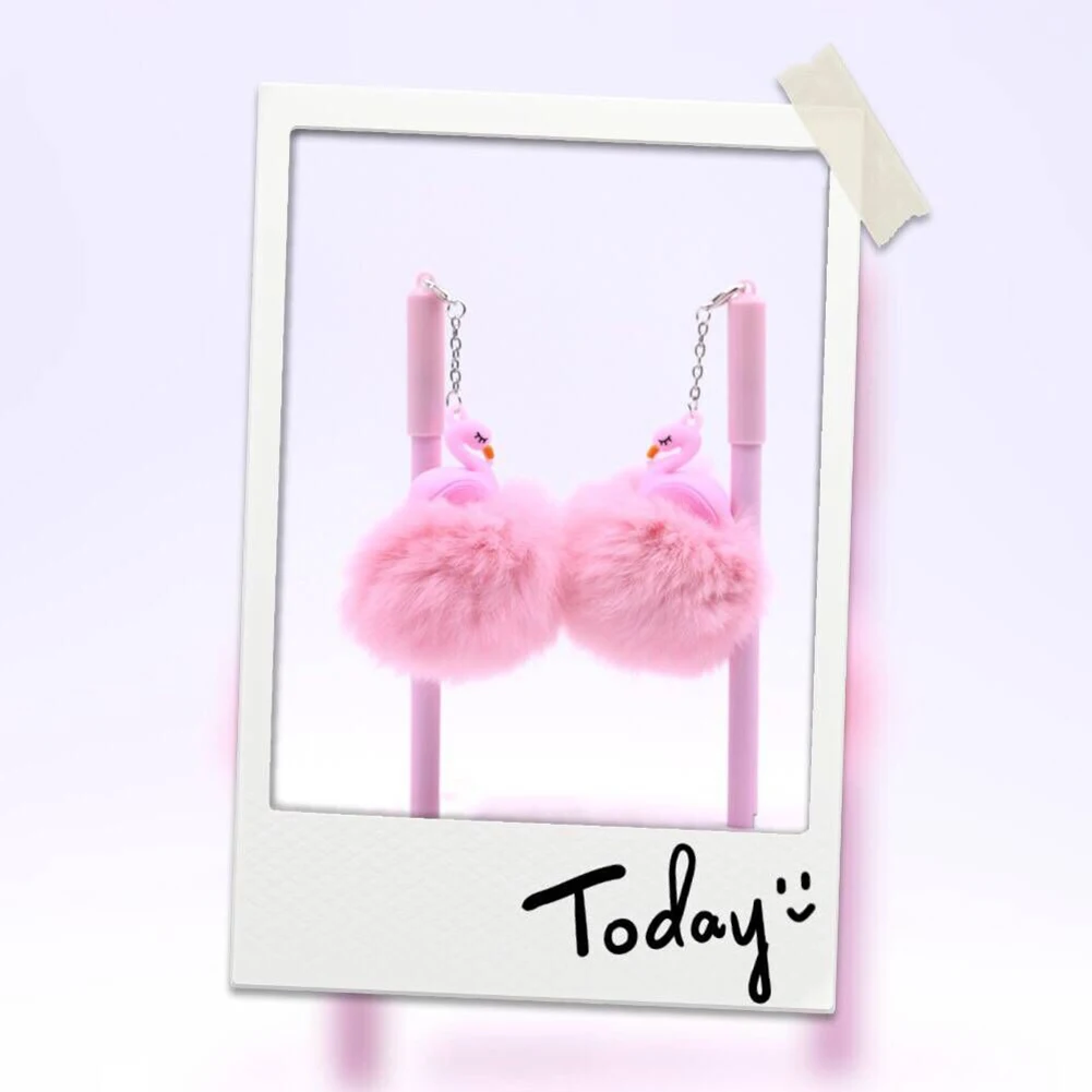 Hot 2Pcs 0.5mm Flamingo Gel Pens Pompom Pendant Black Ink Student Writing Supplies | Канцтовары для офиса и дома