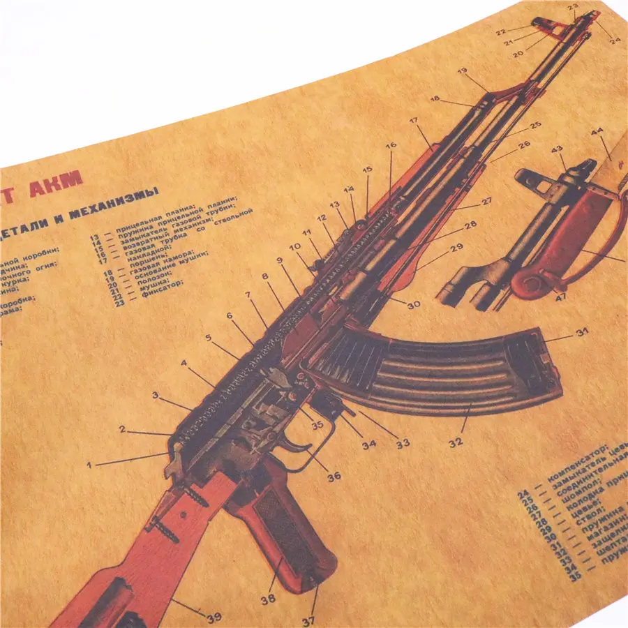AK47 Ружейная диаграмма демонтажная картина винтажная крафт-бумага плакат Настенная Наклейка коллекция баров кафе чертежи плакат 51x35 см