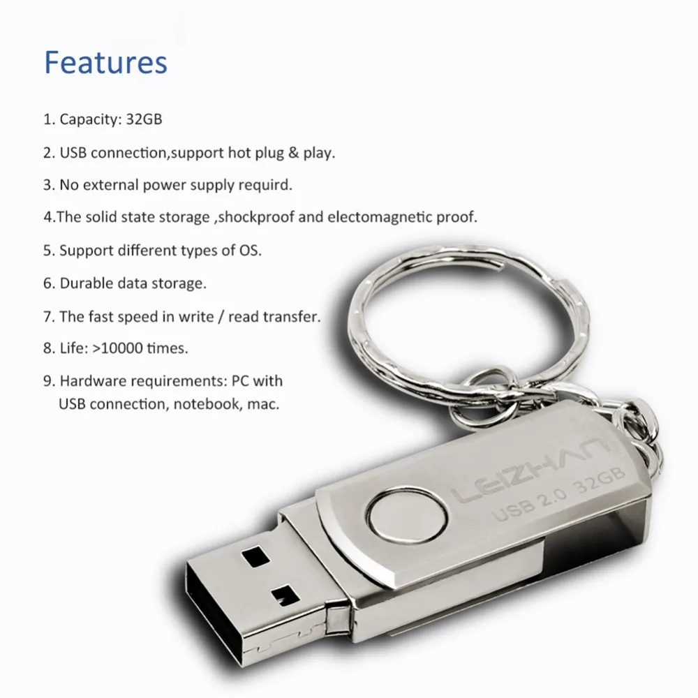 LEIZHA металлический флеш-накопитель USB брелок 64 ГБ 32 16 8 4 карта памяти флешка