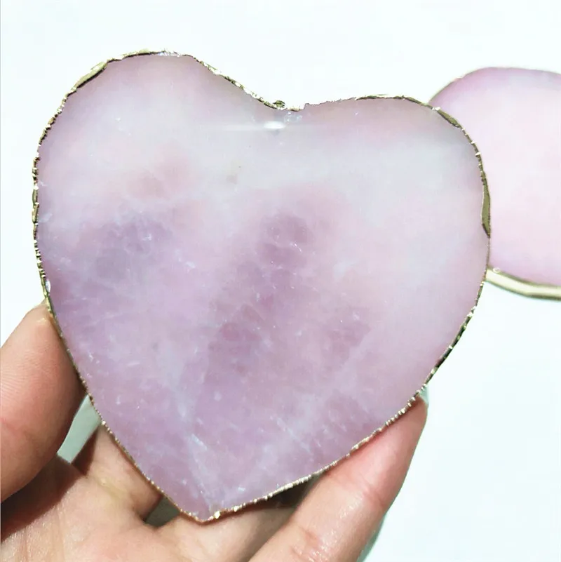 Heart shaped Кварц кусочек натуральный Позолоченный край Роза Кристалл ломтики подставки драгоценный камень чашки напитков мат Исцеление - Цвет: Heart shaped