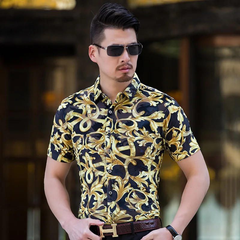 Фото Рубашка мужская с коротким рукавом креативная модная Роскошная золотистым и