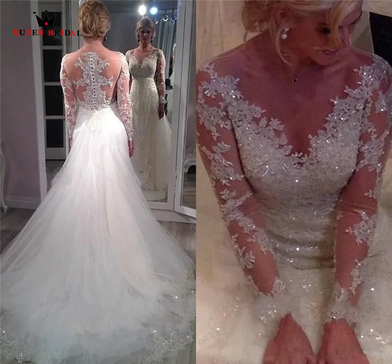 

Custom Made Mermaid Long Sleeve V-neck Lace Beading Sexy Vintage Bride Wedding Dresses Wedding Gown 2022 Vestidos De Novia WS43