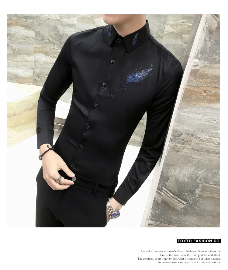 Модные мужские вечерние рубашки, мужские рубашки с длинным рукавом Camisa Social Masculina, мужские черные белые Клубные рубашки с вышивкой