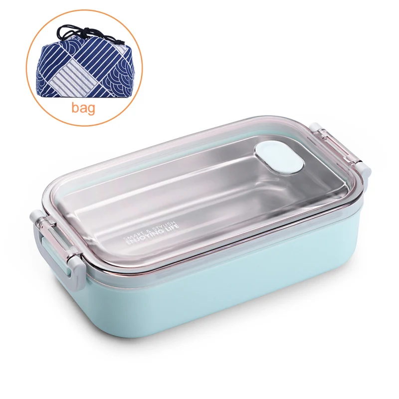 Blue With Bag Детский Ланч-бокс из нержавеющей стали, контейнер для еды, японский Бенто-бокс для хранения, портативный Школьный набор для пикника, Ланчбокс с сумкой для обеда 800 мл - Цвет: Blue With Bag
