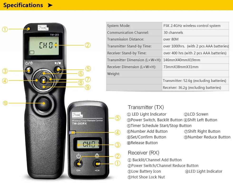 Pixel TW-283 спуск затвора беспроводной Таймер дистанционное управление для Canon 6D 5D Mark II 1100D Nikon D7000 D7200 D3100 sony A6000 A7