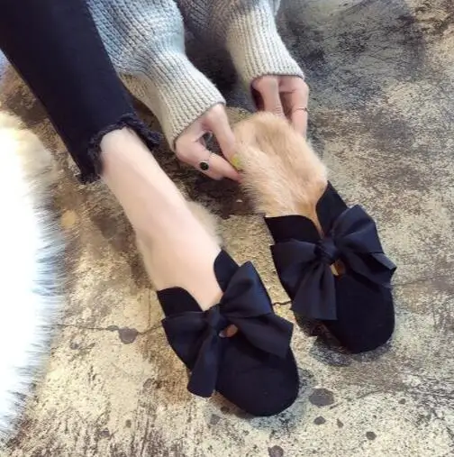 Black COOLSA/женские модные тапочки с закрытым носком; однотонные Нескользящие шлепанцы на плоской подошве; однотонные меховые тапочки с бантом; женские шлепанцы; сандалии - Цвет: Black