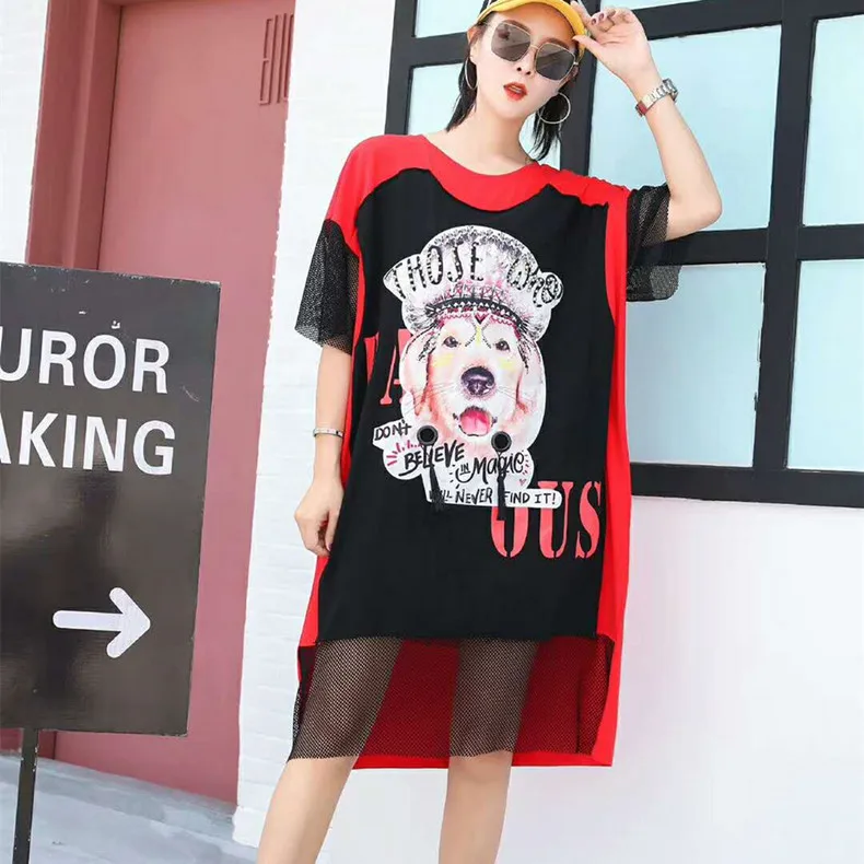 Vefadisa Women Red Orange Stitching Color Dress With Rhinestone Lovely Dog Print T Shirt Mesh Patchwork DressZQY252A |