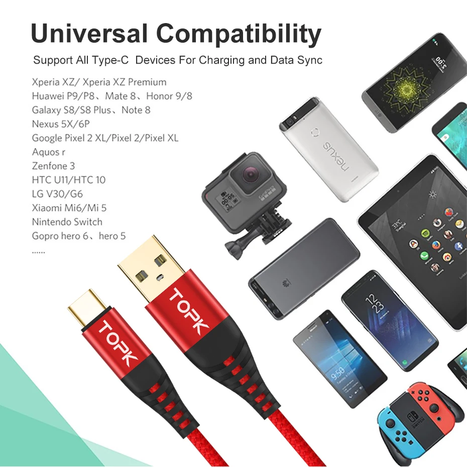 TOPK [5-Pack] usb type-C кабель для USB C кабель для мобильного телефона 3 a кабель для быстрой зарядки type-C для устройств usb type-C