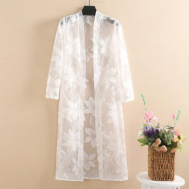 white shirt Кимоно Кардиган Mujer прозрачный летний кардиган женский длинный кружевной кардиган корейская модная одежда рубашка сетка размера плюс - Цвет: white shirt