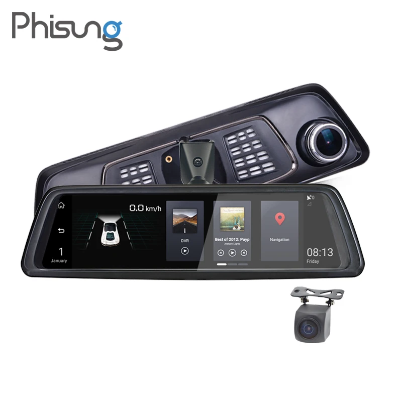 Phisung V9 1" сенсорный IPS 4 г Android зеркало GPS FHD 1080 P два объектива Видеорегистраторы для автомобилей Автомобиль зеркало заднего вида камера ADAS BT WI-FI
