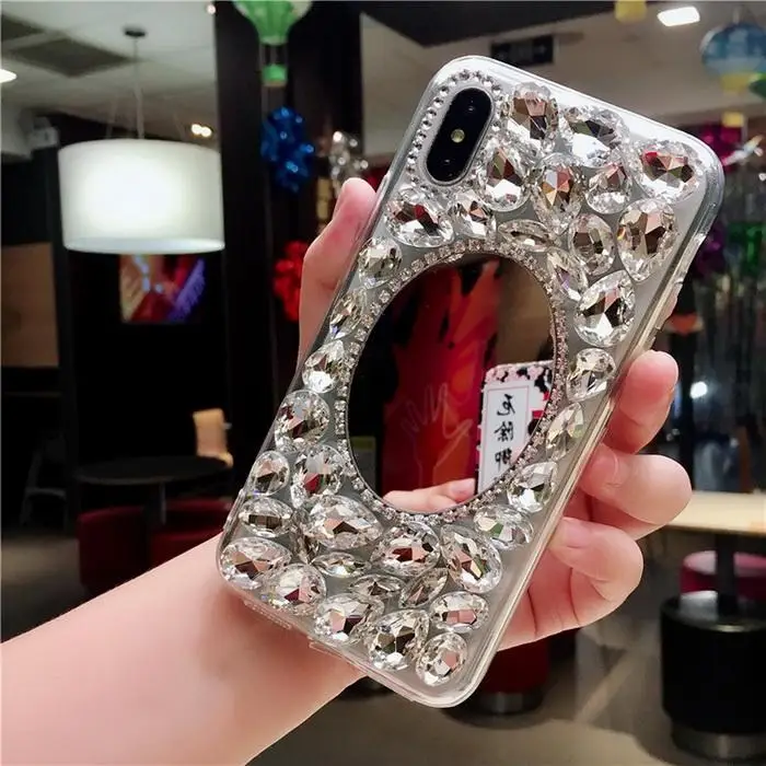 Креативные Rhinestone задняя крышка-чехол для телефона с зеркалом для макияжа для серебро iPhone легко надевается и снимается