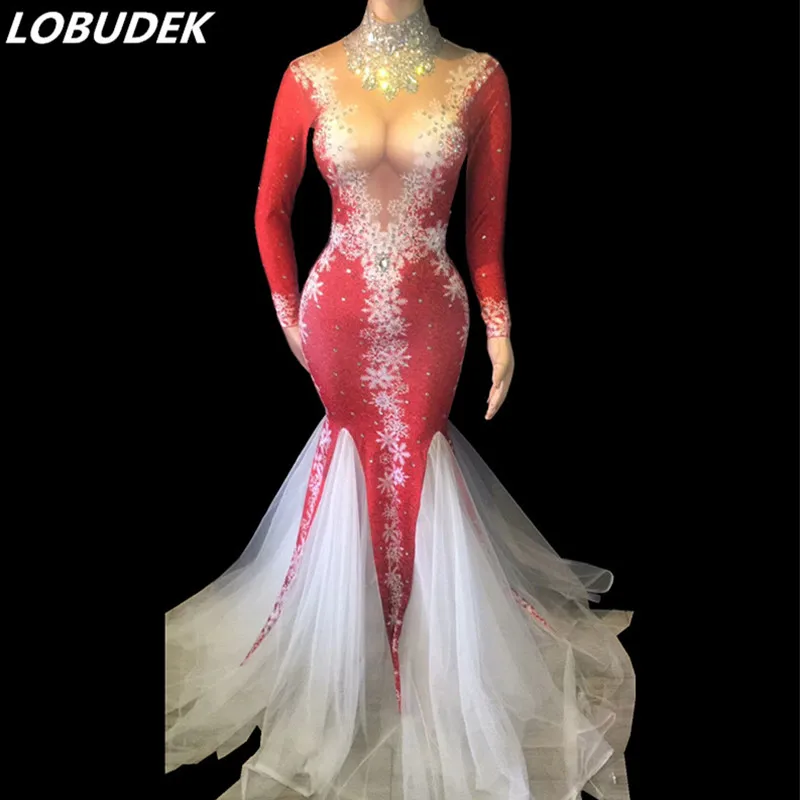 

Sparkly Crystals Red White Mesh Long Dress Party Celebration Dress Nightclub Bar Women Singer Stage Costume Dancer Show Dresses