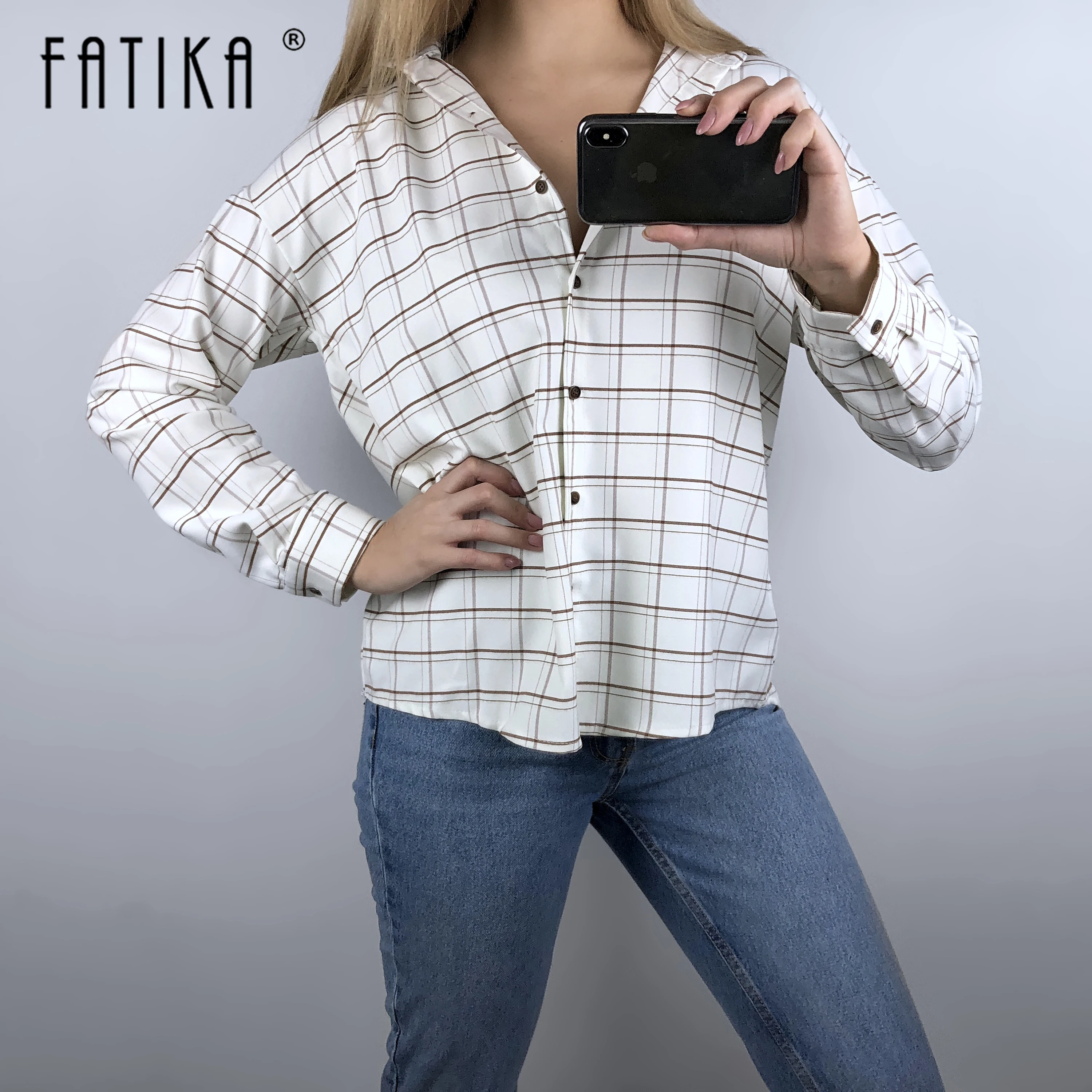 FATIKA/однотонные рубашки с отложным воротником свободные винтажные блузки в