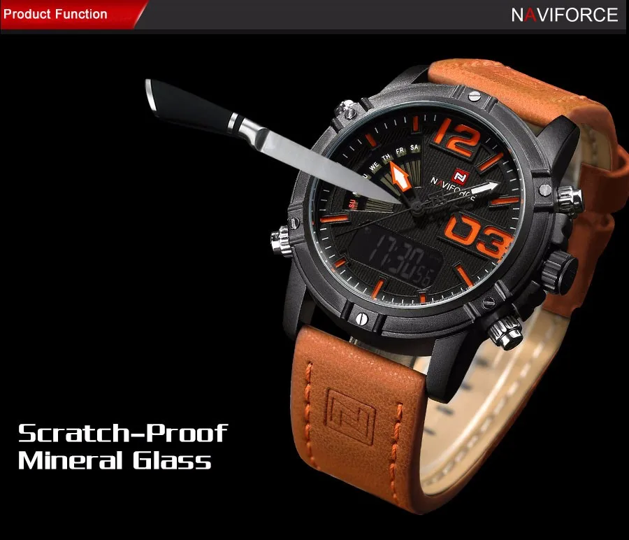 Мужские спортивные часы бренда NAVIFORCE с двойным дисплеем, цифровые и аналоговые часы, электронные кварцевые часы 30 м, водонепроницаемые оранжевые часы