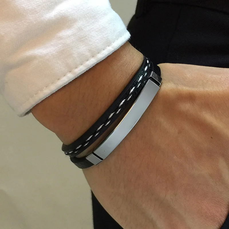 Индивидуальный браслет из нержавеющей стали плетеный ПУ кожи для мужчин 19 5 см