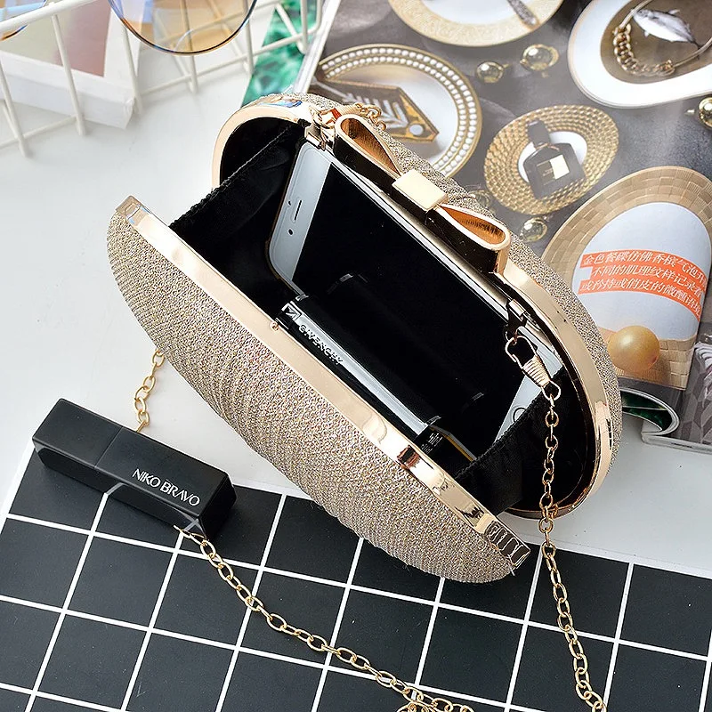 AUAU-Golden Evening Clutch Bag Women Bags Wedding Shiny Handbags Bridal Metal Bow Clutches Chain Shoulder | Багаж и сумки