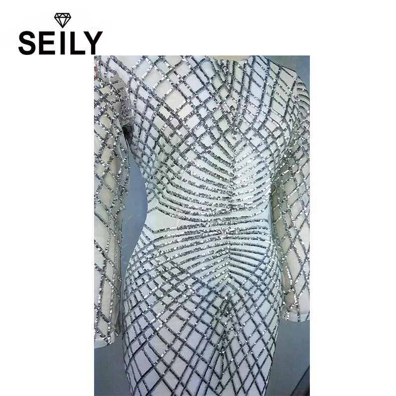 Seily Для женщин Белый Bling мини с пайетками бинты Bodycon платье длинным рукавом