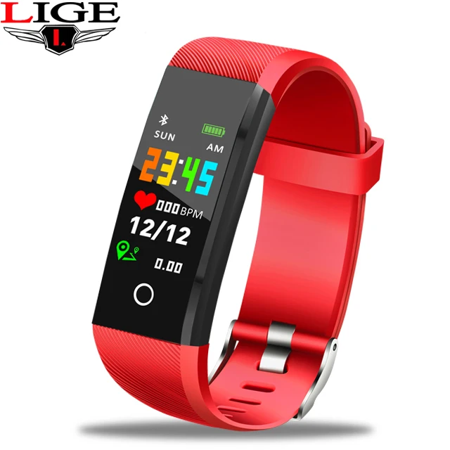 red LIGE, новинка, фитнес-трекер, спортивный умный Браслет, IP67, водонепроницаемые часы, пульсометр, шагомер, умный Браслет для Android ios - Цвет: red