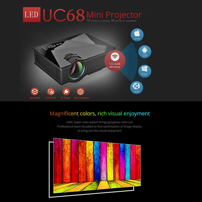 UNIC UC68 Portable LED Projector 1800 Lumens 80 110 ANSI HD 1080p Full HD Video Wifi Projector Proyector Beamer for Home Cinema
