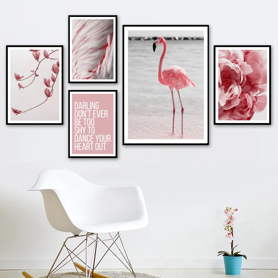 

Pink Feather Flower Flamingo Quotes Wall Art Canvas Painting Landscape Nordic Posters And Prints Wall Pictures For Living Room