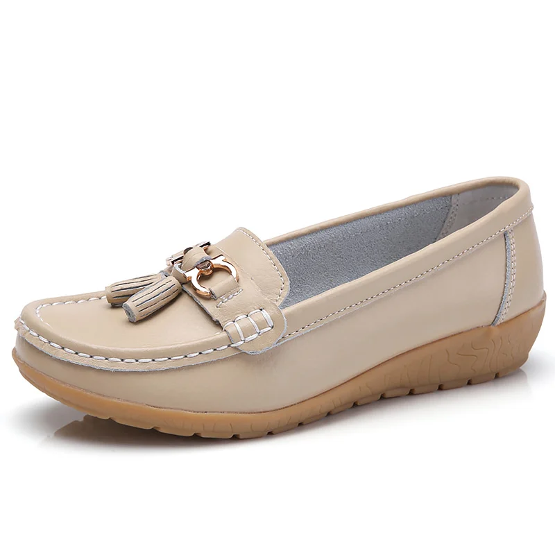Beige Туфли на плоской подошве, женские модные повседневные лоферы из натуральной кожи, женские лоферы с бахромой, мягкая женская обувь, большие размеры 42-44 - Цвет: Beige