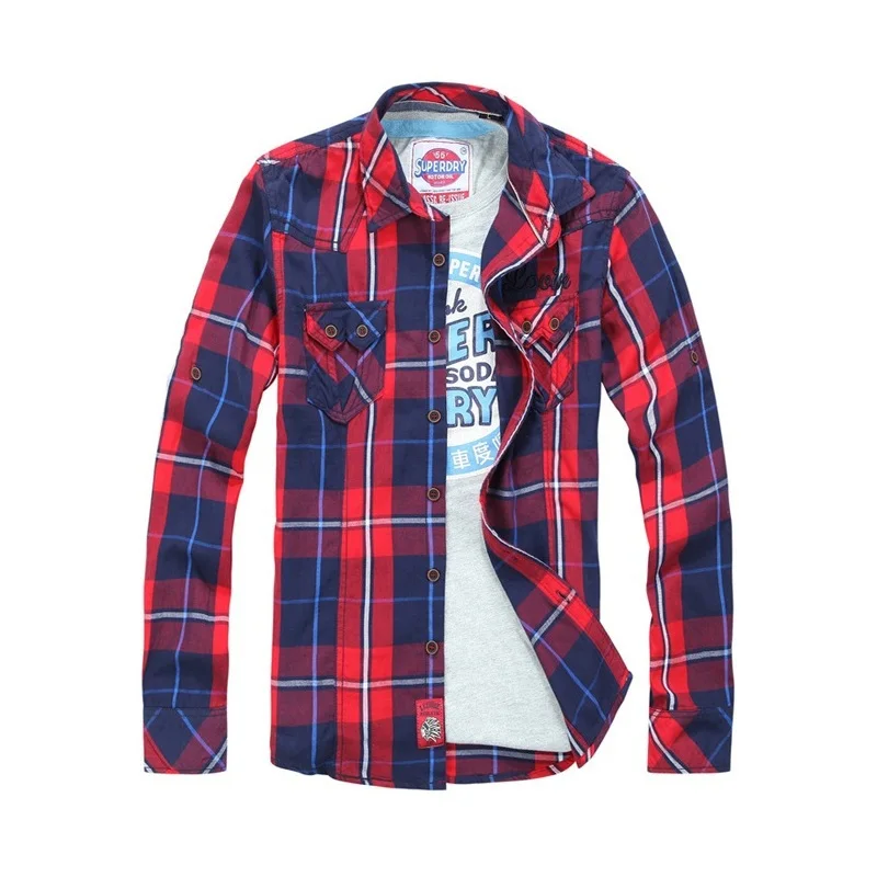 European Style Mens Plaid Shirt Men Red 