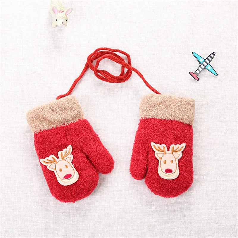 Winter Baby Boy Girl Gloves Cotton Kids Full Finger Cute Cartoon Knitting Solid Infant kids Thicken Warm With Sling | Детская одежда и