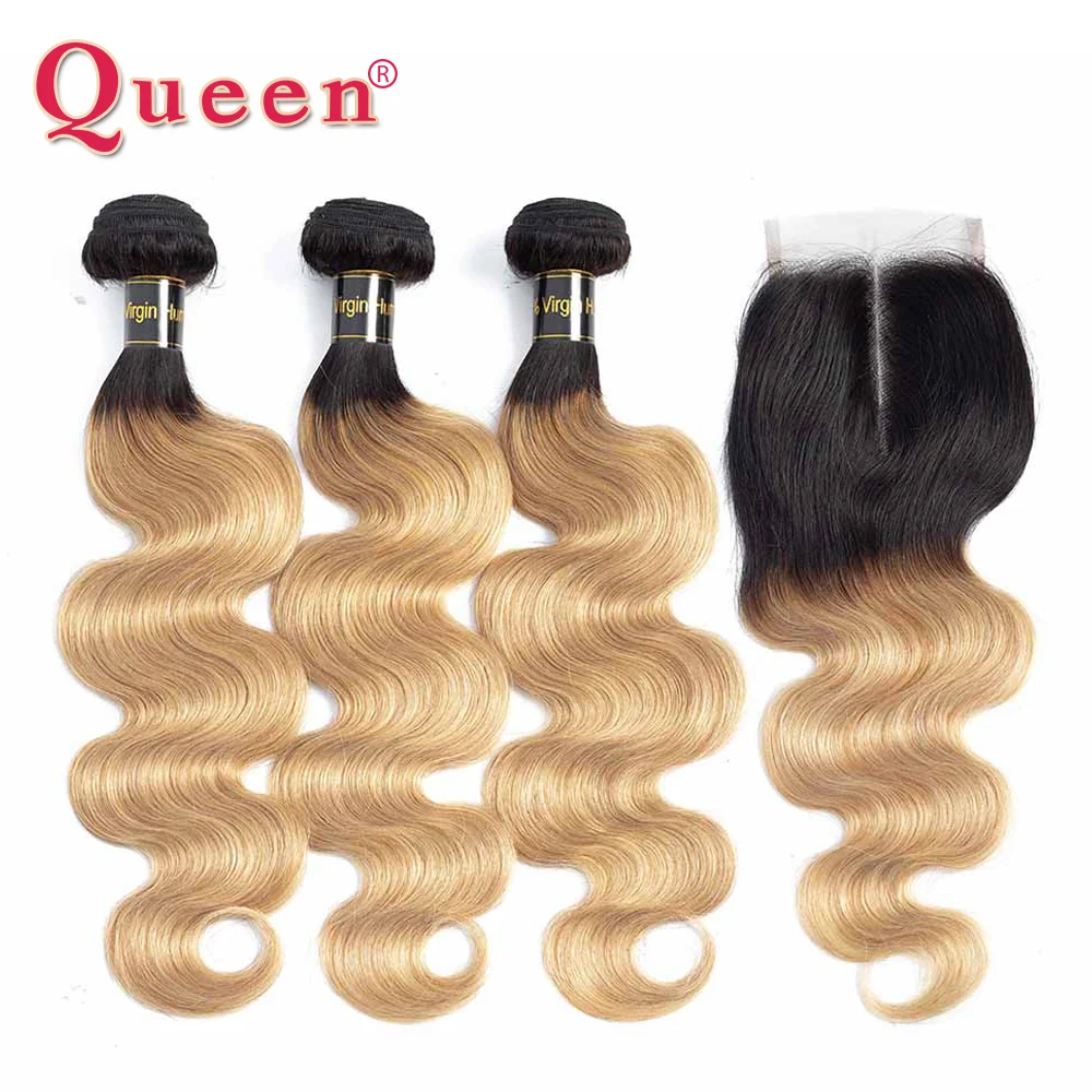 Queen hair Products человеческие волосы пучки с закрытием 3 пучка с кружевной застежкой 1B/27 Омбре блонд перуанские волосы remy