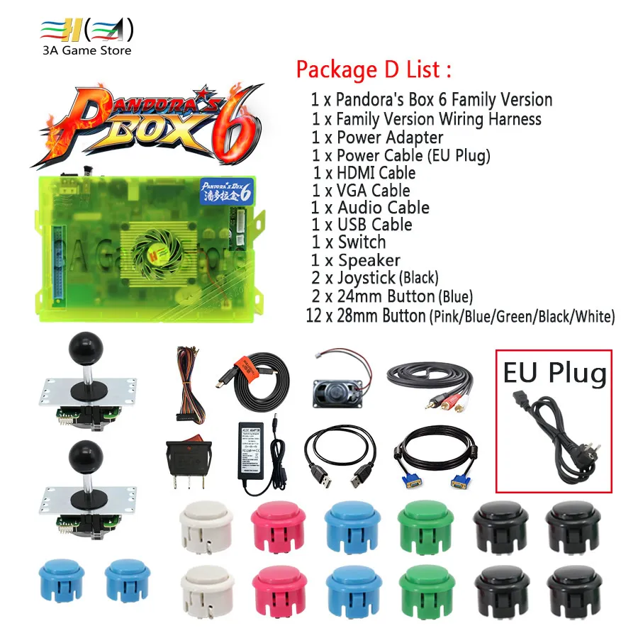 D set - EU plug Pandora box 6 1300 в 1 семейная версия джойстик кнопка и жгут проводов DIY аркадный контроллер аксессуары usb HDMI VGA выход - Color: D set - EU plug