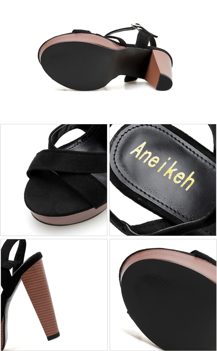 Aneikeh/ г.; Модные женские босоножки из флока в римском стиле; Повседневные Вечерние Туфли с круглым носком на высоком квадратном каблуке с ремешком на лодыжке; цвет черный, 40