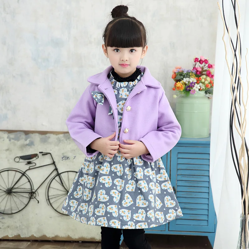 Горячие Продажа Осень-Зима Девушки Две Пьесы Костюм Шерстяные Лук Пальто + Платье