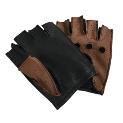 black brown Мужские перчатки из натуральной кожи, дышащие, для вождения, без подкладки,, оленья кожа, половина пальцев, перчатки без пальцев, перчатки для спортзала, фитнеса - Цвет: black brown