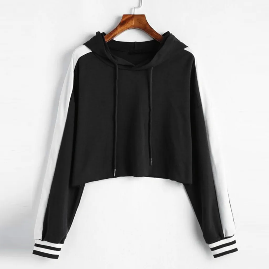 Женская обувь solide à manches longues épissure sweat court pull hauts capuche pour femme kawaii vêtements | одежда