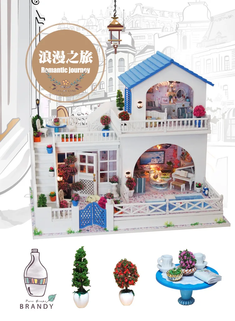 Большая вилла для кукол миниатюрный дом с мебелью DIY кукольный домик Деревянные игрушки для детей подарок на день рождения-романтическое путешествие