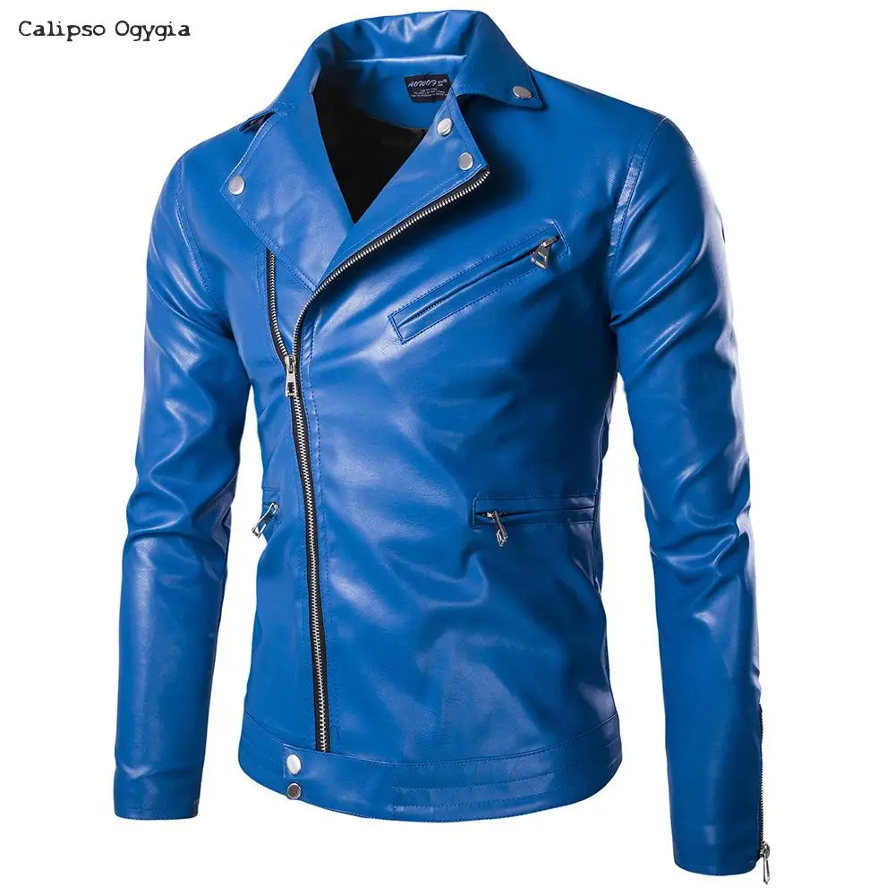 

Fashion New Men's Leather Jacket Black & Blue Slim fit Biker Motorcycle jacket Coats 5XL 3XL 4XL 2XL COML39 Free Shipping
