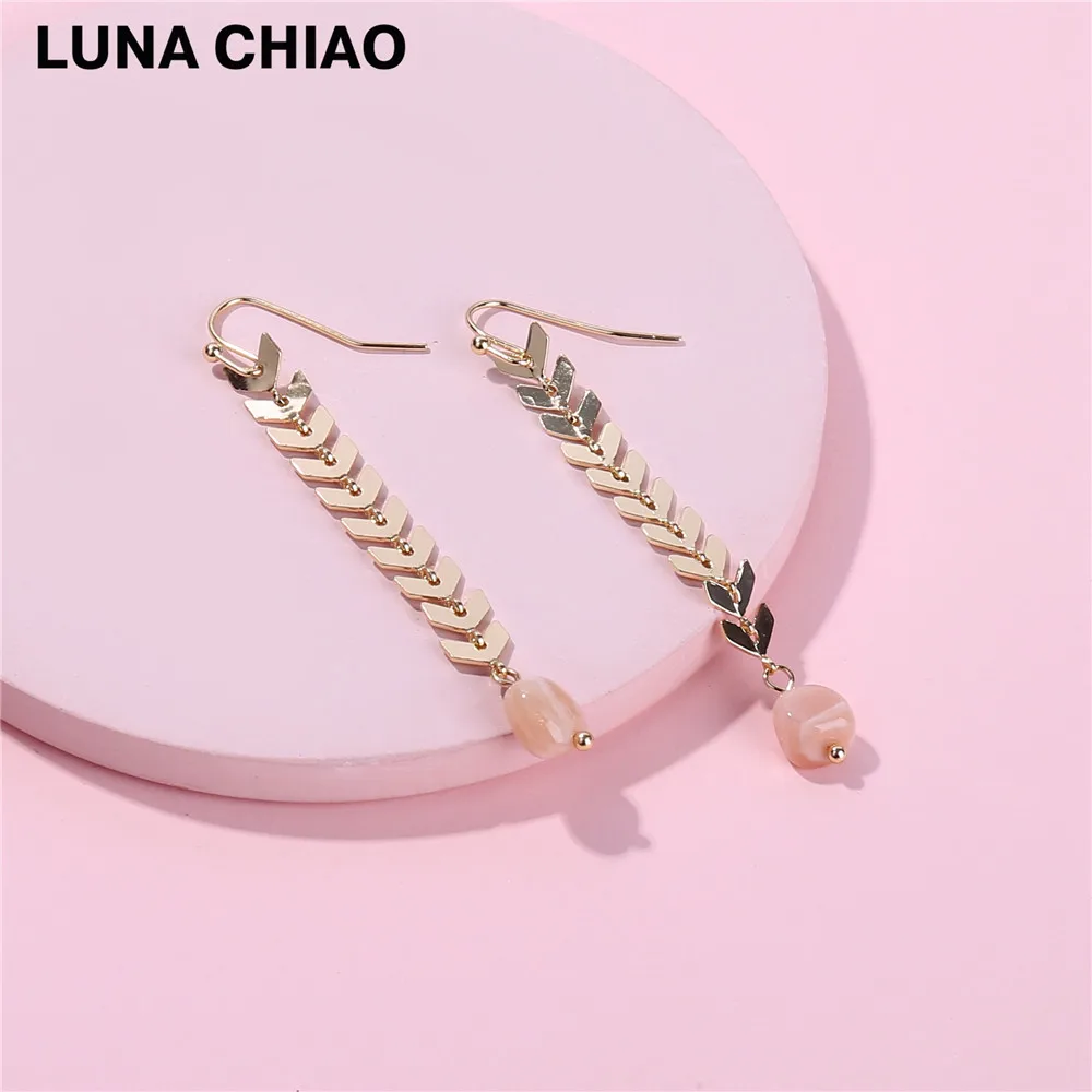 LUNA CHIAO позолоченная Купер цепочка шеврона Натуральный Камень Висячие длинные серьги для женщин