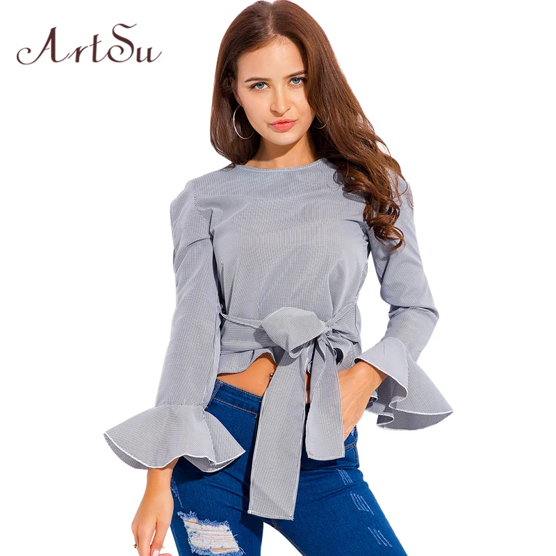ArtSu Женская модная полосатая блузка с поясом и бантом весенний укороченный топ
