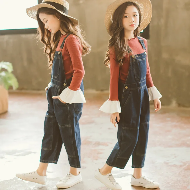 

2PCS Set Toddler Kids Girls Clothes Fashion Long Sleeve T-shirt Tops + Bib Pant Outfit Cute Girl Children Suit 5-15Y