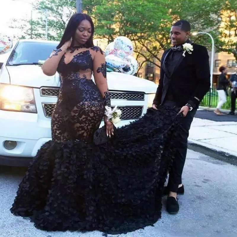 

African Plus Size Prom Dresses 2018 Sheer Neckline Mermaid Evening Gowns Long Sleeves Tiered Black Girls Formal Dresses Evening