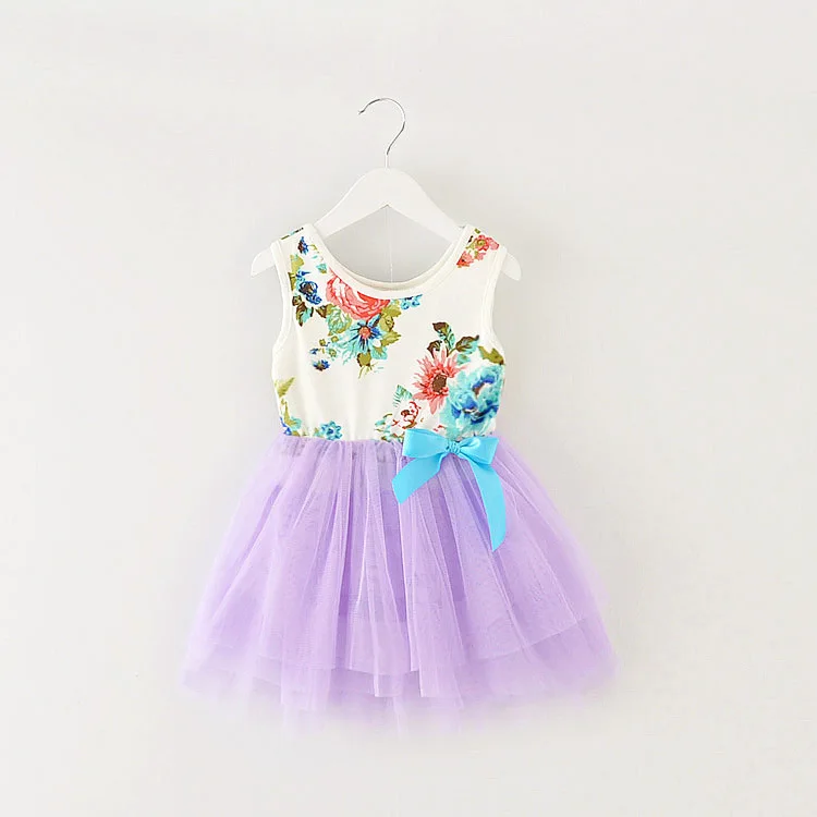 Wholesale Girls Clothing Summer 2017 New Kids Sleeveless Mesh Floral Flower Gauze Dresses Princess Bow Children Clothes 4pcs/LOT | Детская